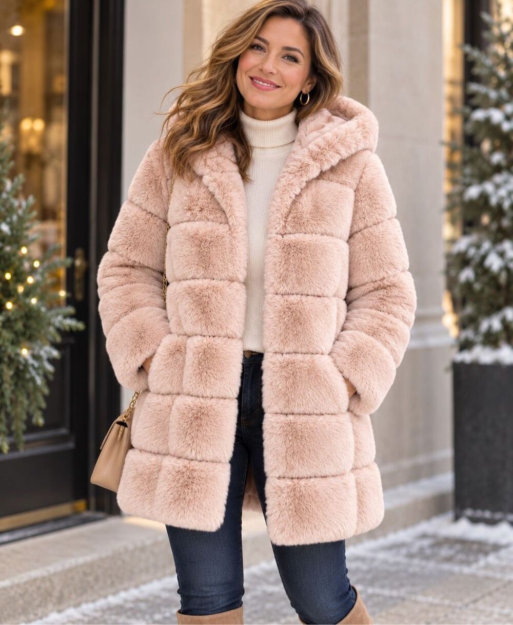 Pyramid Collection Channeled Faux Fur Hooded Coat Pink Beige Womens L NEW